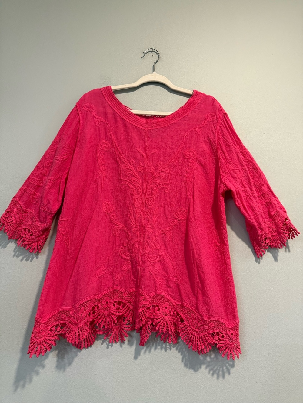 Chico's  Embroidered Crochet-Hem Tunic Top Cotton Boho Size 3 XL/16